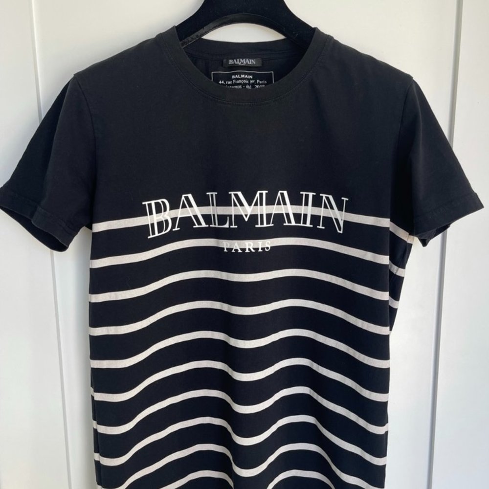 Balmain Paris Logo Print Striped T-Shirt